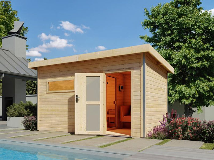 Karibu Saunahaus Skrollan 3 38 mm- 9 kW Ofen ext. Strg- Milchglastür