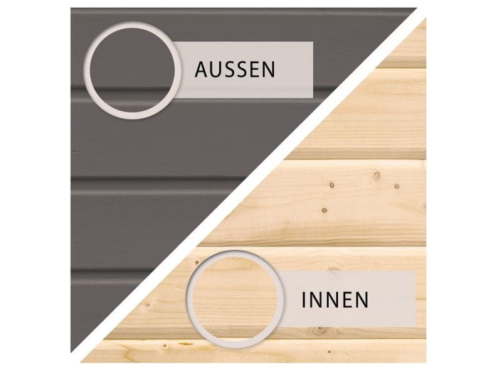 Karibu Saunahaus Skrollan 3 in terragrau 38 mm- 9 kW Bioofen Ext. Strg - moderne Tür