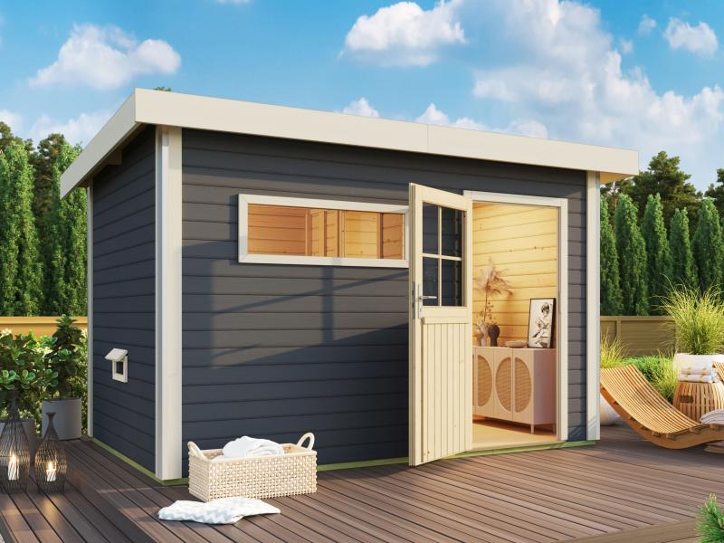 Karibu Saunahaus Skrollan 3 in terragrau 38 mm- 9 kW Ofen ext. Steuerung -klassische Tür-