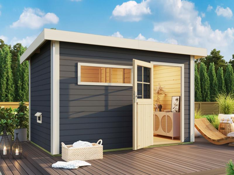 Karibu Saunahaus Skrollan 3 in terragrau 38 mm- 9 kW Bioofen Ext. Strg - klassische Tür