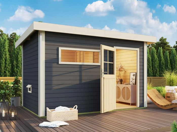 Karibu Saunahaus Skrollan 3 in terragrau 38 mm- 9 kW Bioofen Ext. Strg - klassische Tür