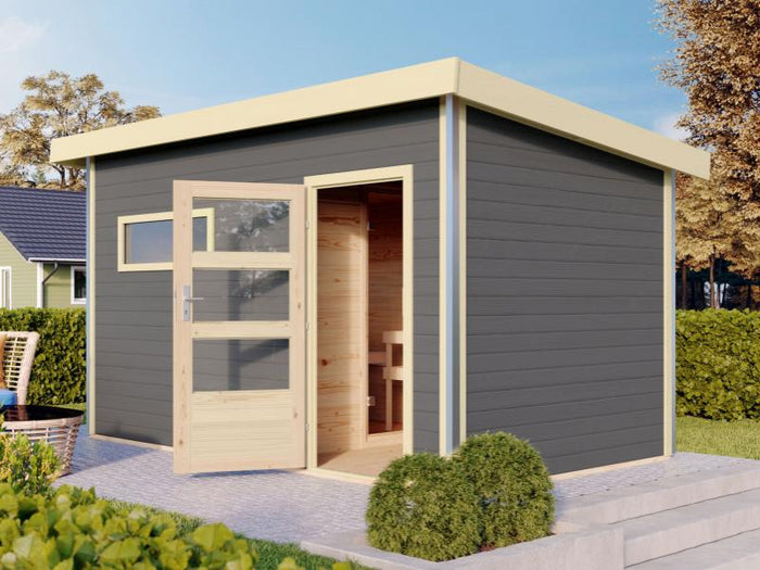 Karibu Saunahaus Skrollan 3 in terragrau 38 mm- ohne Ofen- moderne Tür