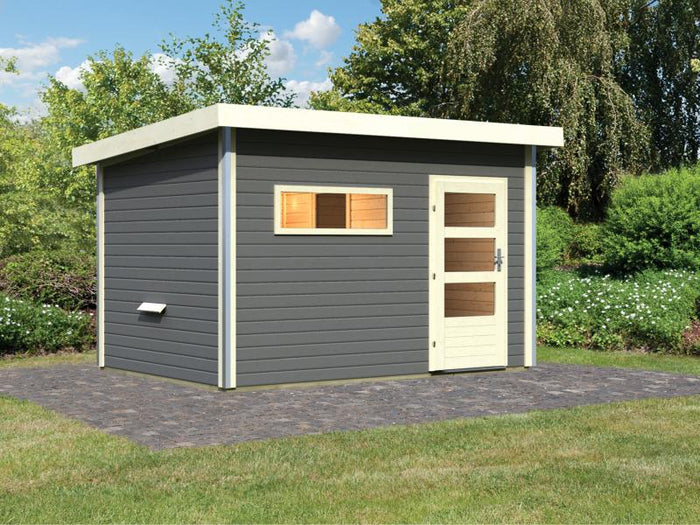 Karibu Saunahaus Skrollan 3 in terragrau 38 mm- ohne Ofen- moderne Tür