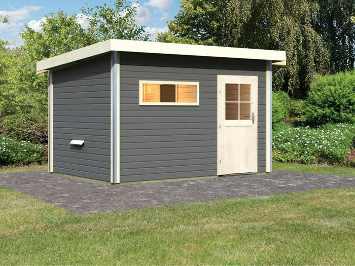 Karibu Saunahaus Skrollan 3 in terragrau 38 mm- ohne Ofen- klassische Tür