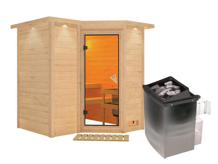 Karibu SaunaSahib 1 inkl. 9 kW Ofen integr. Steuerung, mit klassischer Saunatür -mit Dachkranz-
