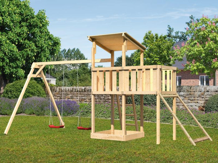 Karibu Spielturm Anna + Doppelschaukel + Anbauplattform + Netzrampe