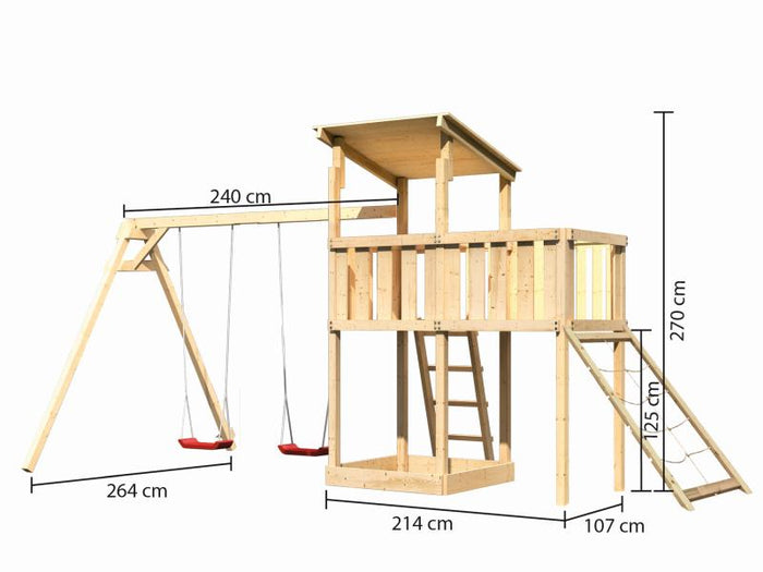 Karibu Spielturm Anna + Doppelschaukel + Anbauplattform + Netzrampe