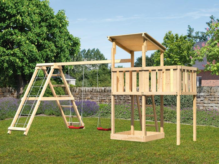 Karibu Spielturm Anna + Doppelschaukelanbau Klettergerüst + Anbauplattform
