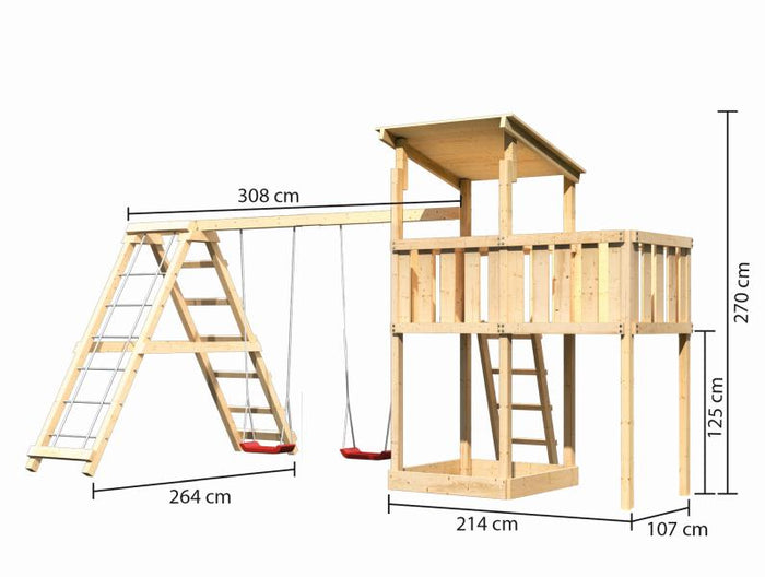 Karibu Spielturm Anna + Doppelschaukelanbau Klettergerüst + Anbauplattform