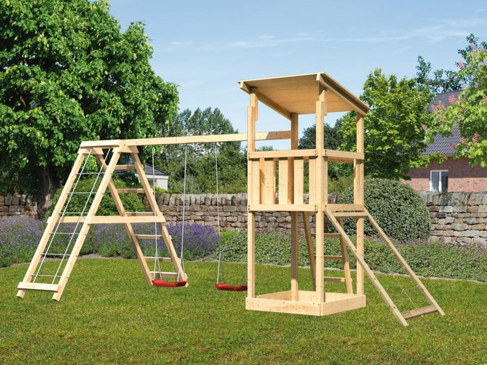 Karibu Spielturm Anna + Doppelschaukelanbau Klettergerüst + Netzrampe