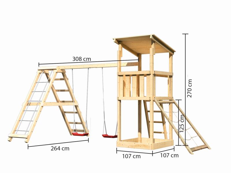 Karibu Spielturm Anna + Doppelschaukelanbau Klettergerüst + Netzrampe
