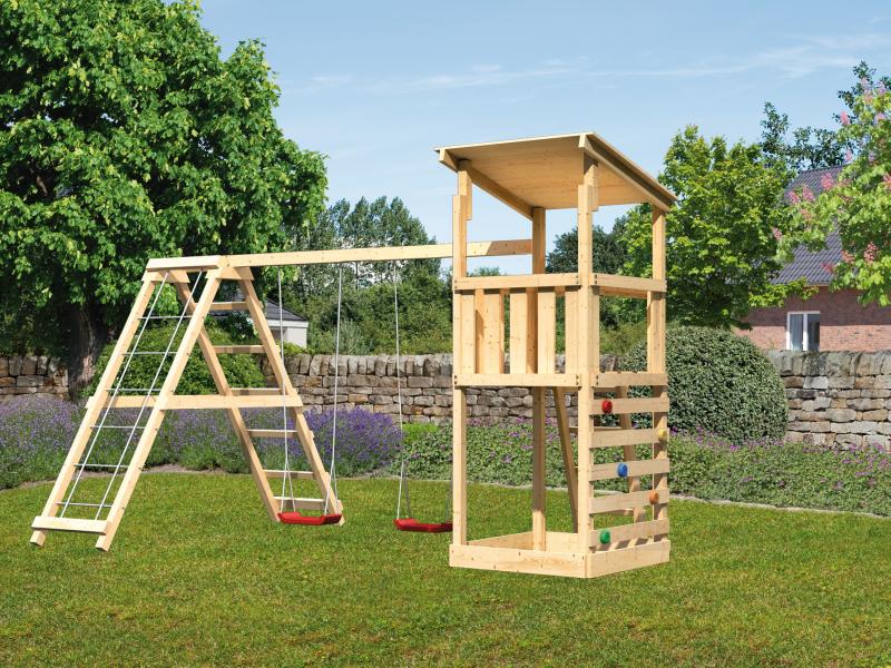 Karibu Spielturm Anna + Doppelschaukelanbau Klettergerüst + Kletterwand