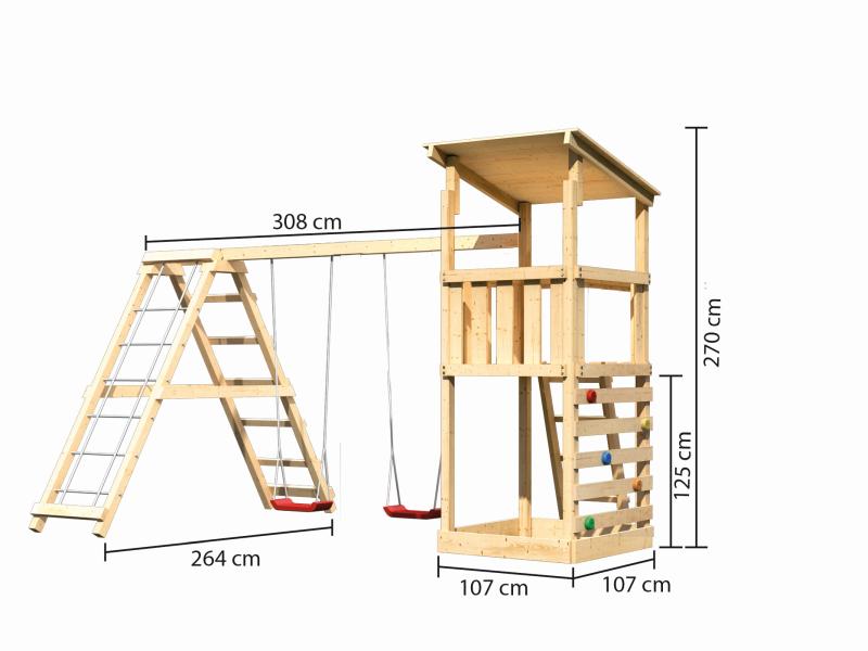 Karibu Spielturm Anna + Doppelschaukelanbau Klettergerüst + Kletterwand