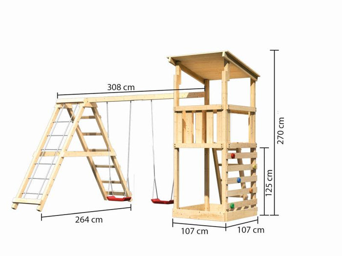 Karibu Spielturm Anna + Doppelschaukelanbau Klettergerüst + Kletterwand