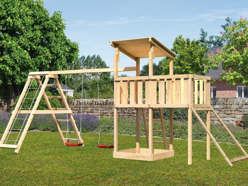 Karibu Spielturm Anna + Doppelschaukelanbau Klettergerüst + Anbauplattform + Netzrampe