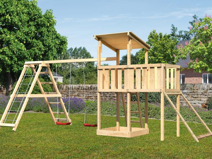 Karibu Spielturm Anna + Doppelschaukelanbau Klettergerüst + Anbauplattform + Netzrampe
