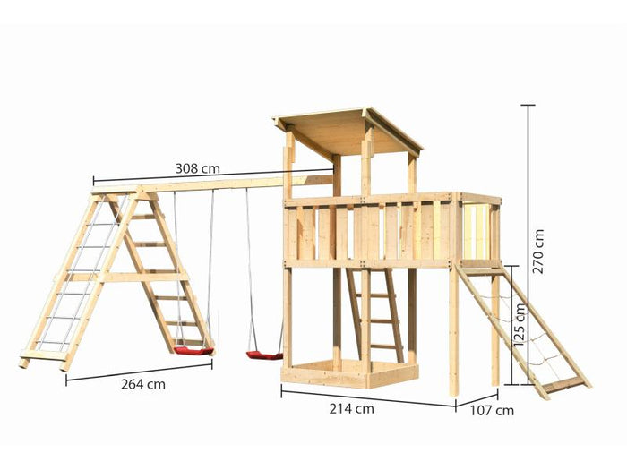 Karibu Spielturm Anna + Doppelschaukelanbau Klettergerüst + Anbauplattform + Netzrampe