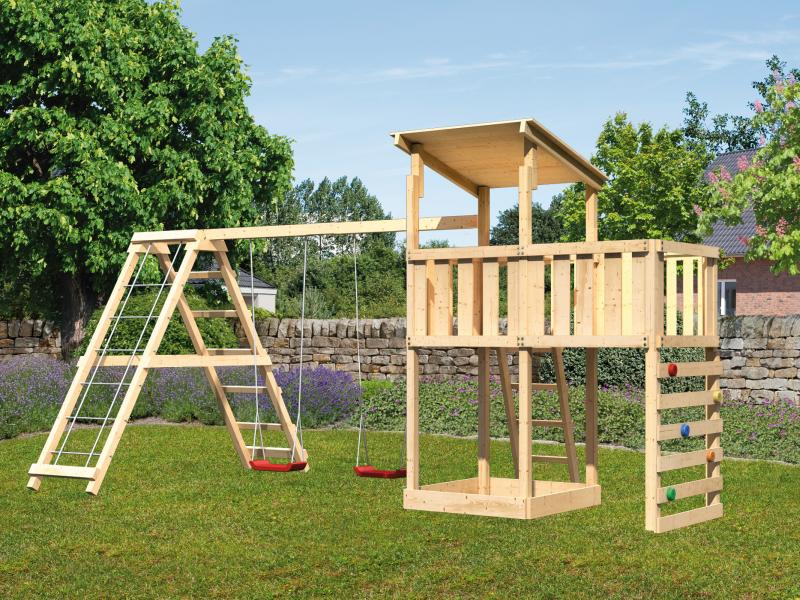 Karibu Spielturm Anna + Doppelschaukelanbau Klettergerüst + Anbauplattform + Kletterwand