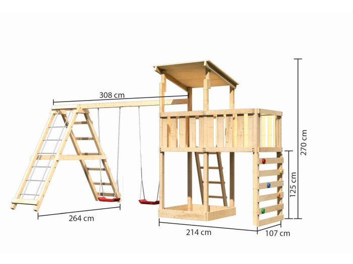 Karibu Spielturm Anna + Doppelschaukelanbau Klettergerüst + Anbauplattform + Kletterwand