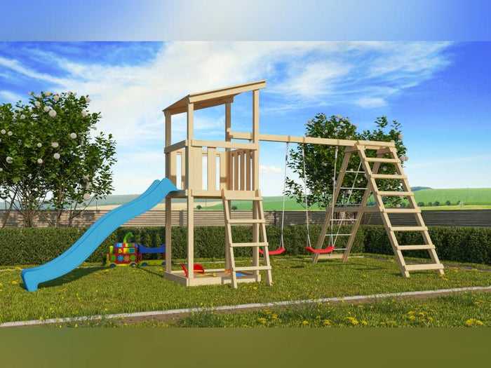 Karibu Spielturm Anna + Rutsche blau + Doppelschaukelanbau Klettergerüst