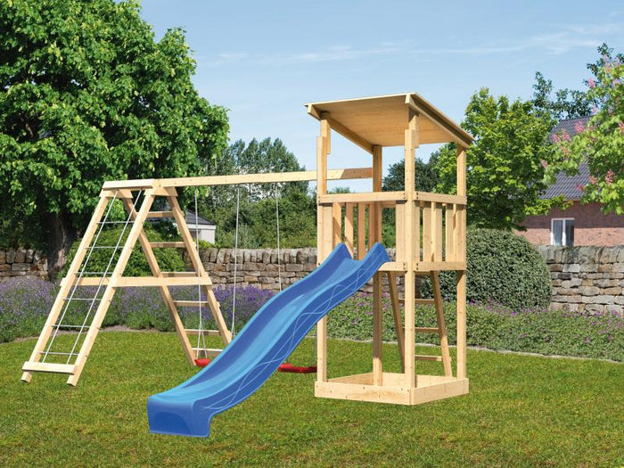 Karibu Spielturm Anna + Rutsche blau + Doppelschaukelanbau Klettergerüst
