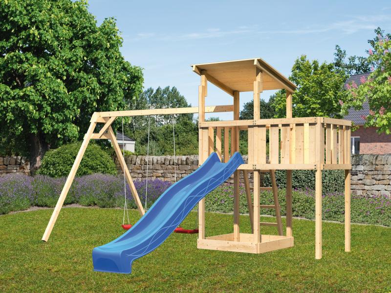 Karibu Spielturm Anna + Rutsche blau + Doppelschaukel + Anbauplattform