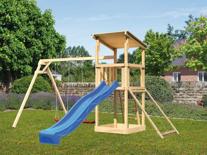 Karibu Spielturm Anna + Rutsche blau + Doppelschaukel + Netzrampe