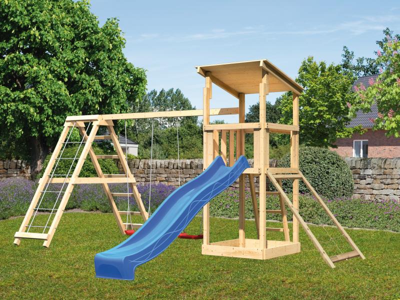 Karibu Spielturm Anna + Rutsche blau + Doppelschaukelanbau Klettergerüst + Netzrampe