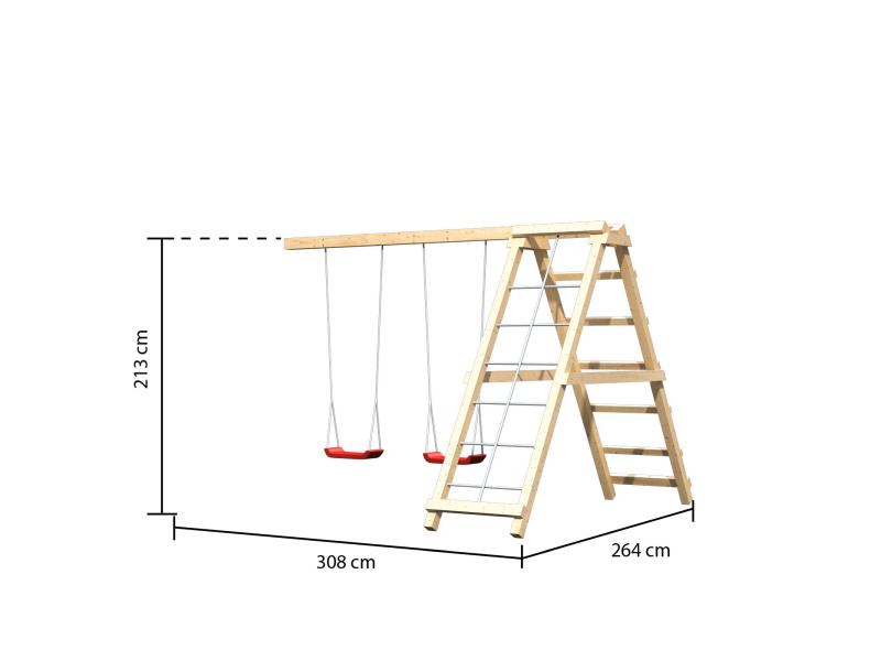 Karibu Spielturm Anna + Rutsche blau + Doppelschaukelanbau Klettergerüst + Netzrampe