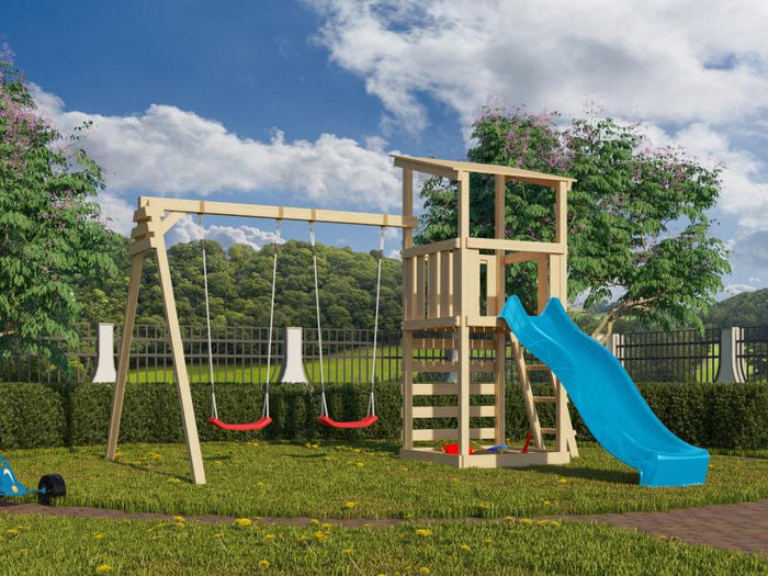 Karibu Spielturm Anna + Rutsche blau + Doppelschaukel + Kletterwand