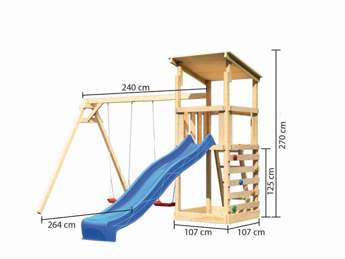 Karibu Spielturm Anna + Rutsche blau + Doppelschaukel + Kletterwand