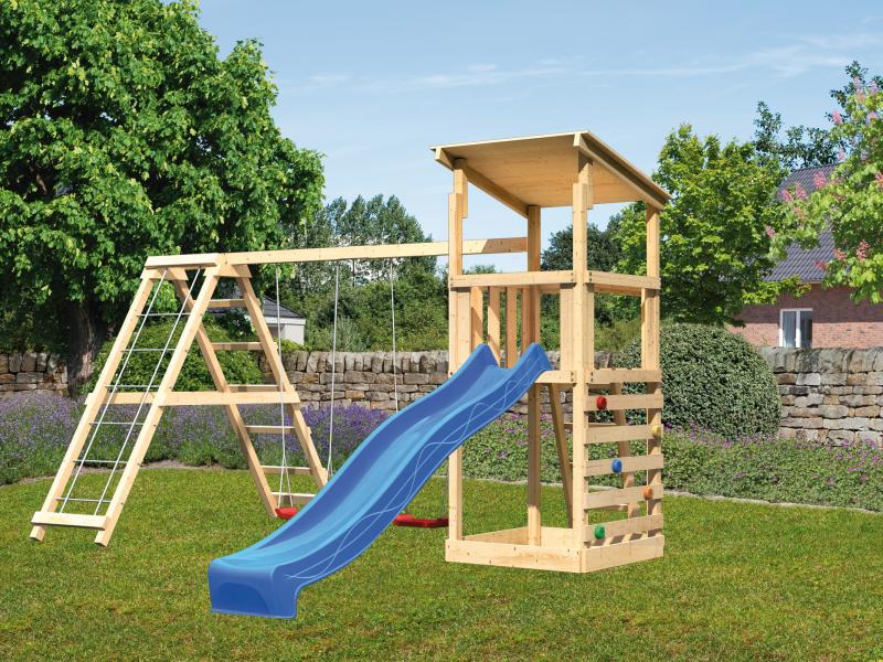 Karibu Spielturm Anna + Rutsche blau + Doppelschaukelanbau Klettergerüst + Kletterwand