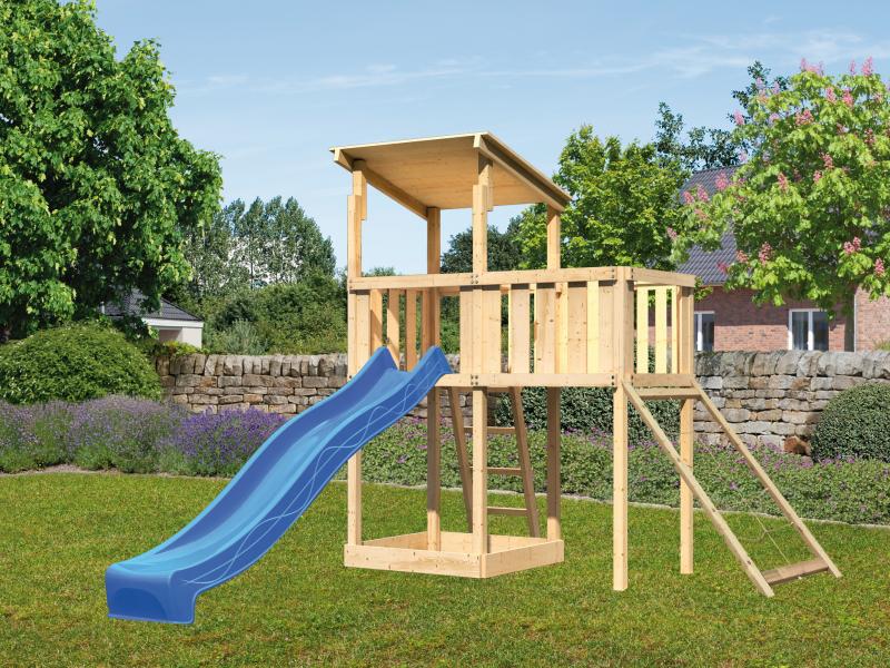 Karibu Spielturm Anna + Rutsche blau + Anbauplattform + Netzrampe