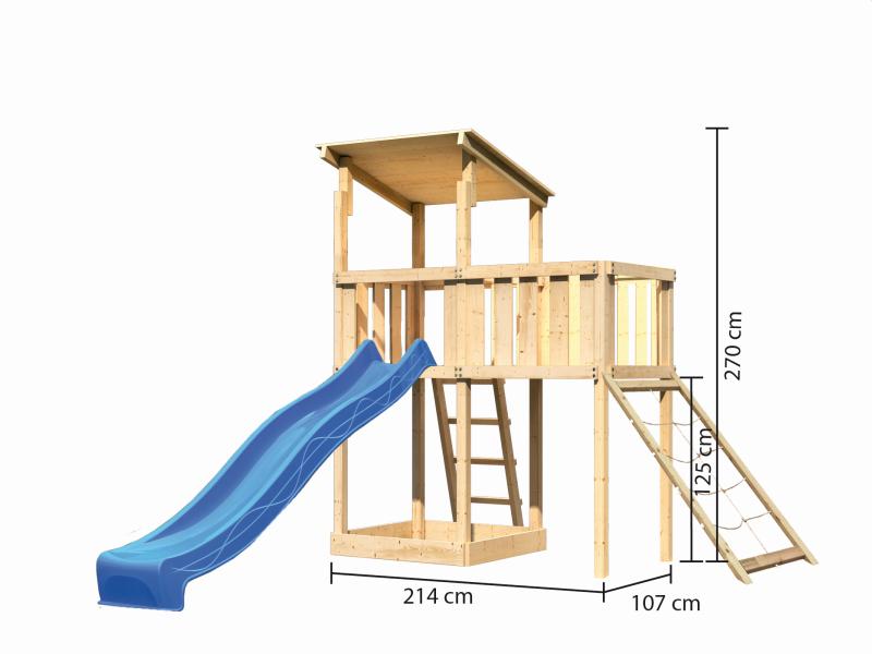 Karibu Spielturm Anna + Rutsche blau + Anbauplattform + Netzrampe