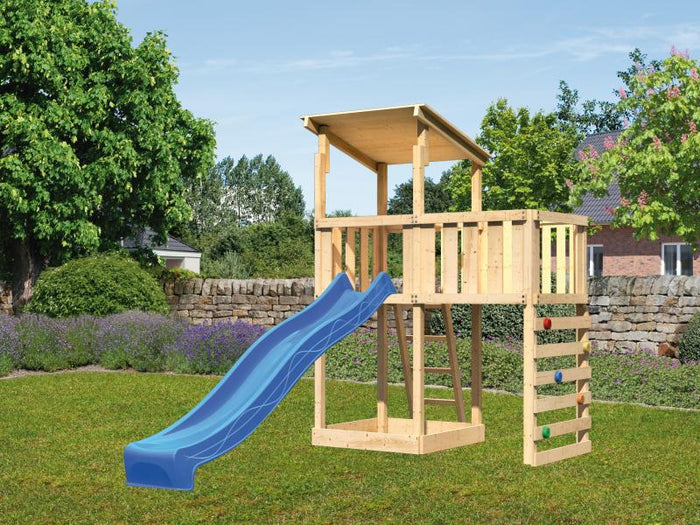 Karibu Spielturm Anna + Rutsche blau + Anbauplattform + Kletterwand