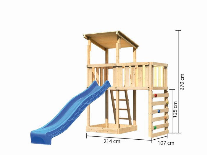 Karibu Spielturm Anna + Rutsche blau + Anbauplattform + Kletterwand