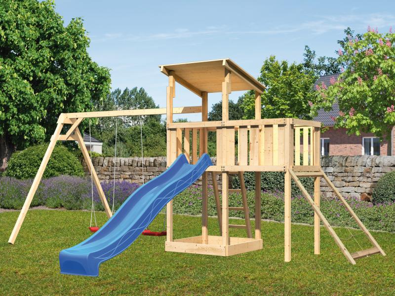 Karibu Spielturm Anna + Rutsche blau + Doppelschaukel + Anbauplattform + Netzrampe