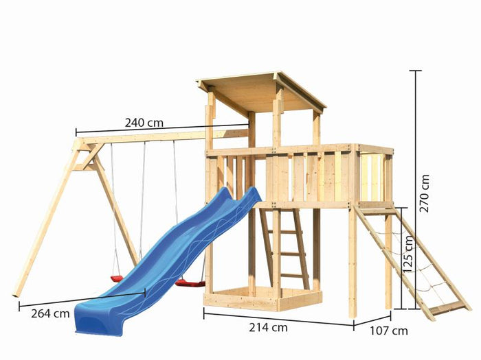 Karibu Spielturm Anna + Rutsche blau + Doppelschaukel + Anbauplattform + Netzrampe