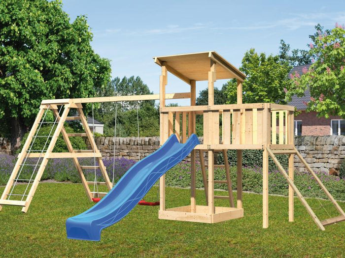 Karibu Spielturm Anna + Rutsche blau + Doppelschaukelanbau Klettergerüst + Anbauplattform + Netzramp