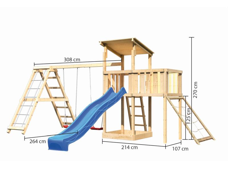 Karibu Spielturm Anna + Rutsche blau + Doppelschaukelanbau Klettergerüst + Anbauplattform + Netzramp