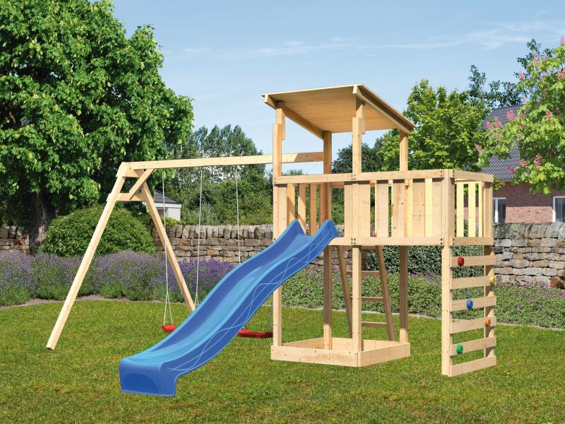 Karibu Spielturm Anna + Rutsche blau + Doppelschaukel + Anbauplattform + Kletterwand