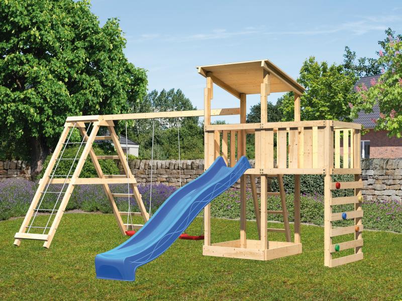 Karibu Spielturm Anna + Rutsche blau + Doppelschaukelanbau Klettergerüst + Anbauplattform + Kletterw