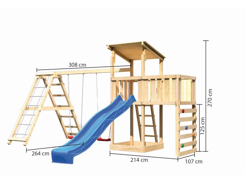 Karibu Spielturm Anna + Rutsche blau + Doppelschaukelanbau Klettergerüst + Anbauplattform + Kletterw
