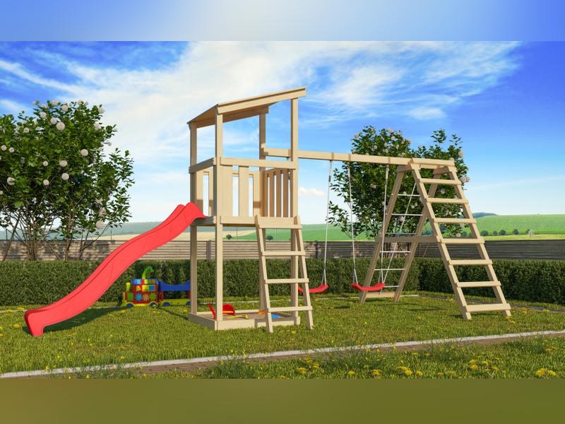 Karibu Spielturm Anna + Rutsche rot + Doppelschaukelanbau Klettergerüst