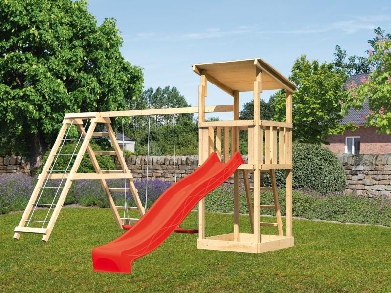 Karibu Spielturm Anna + Rutsche rot + Doppelschaukelanbau Klettergerüst