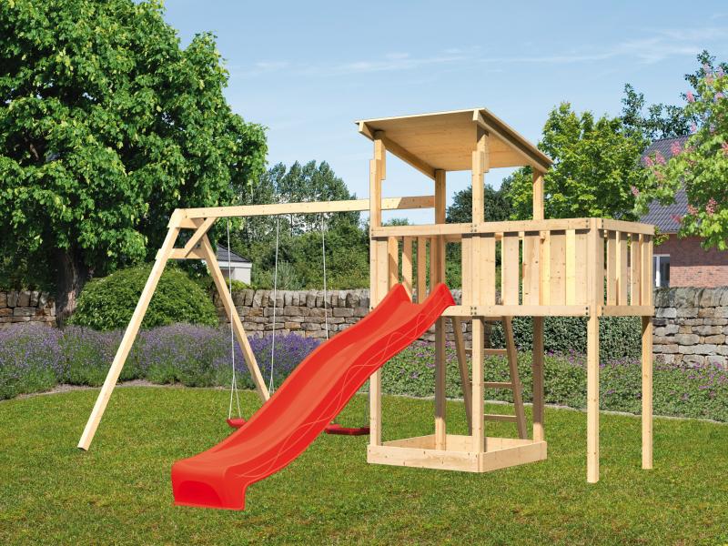 Karibu Spielturm Anna + Rutsche rot + Doppelschaukel + Anbauplattform