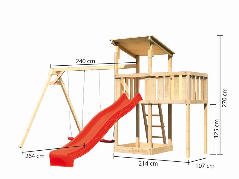 Karibu Spielturm Anna + Rutsche rot + Doppelschaukel + Anbauplattform