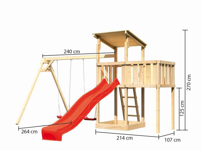 Karibu Spielturm Anna + Rutsche rot + Doppelschaukel + Anbauplattform