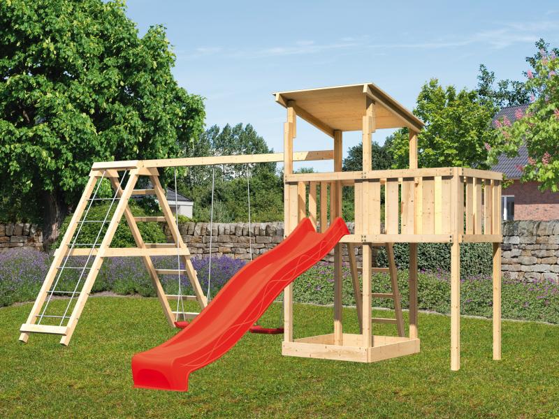 Karibu Spielturm Anna + Rutsche rot + Doppelschaukelanbau Klettergerüst + Anbauplattform