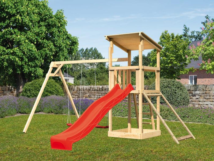 Karibu Spielturm Anna + Rutsche rot + Doppelschaukel + Netzrampe